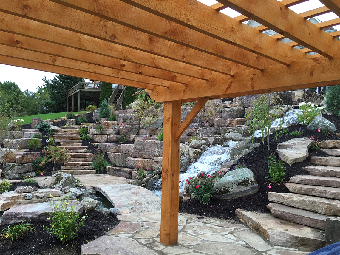 View of waterfall from under beautiful pergola