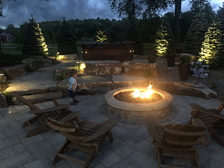 Boulder Firepit and Hot Tub Area with LED Lighting