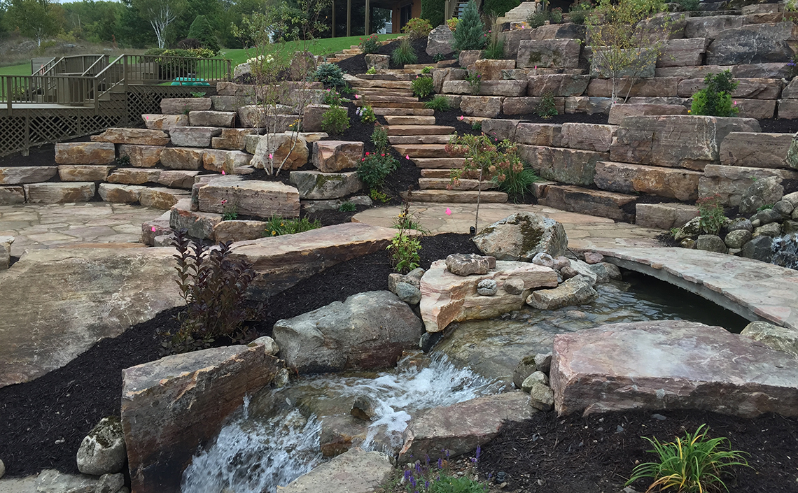 Stone Landscaping and Waterfall