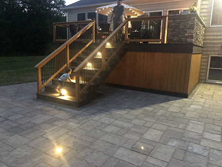Composite Deck and Stairs with LED Lighting, Outdoor Kitchen and Paver Patio