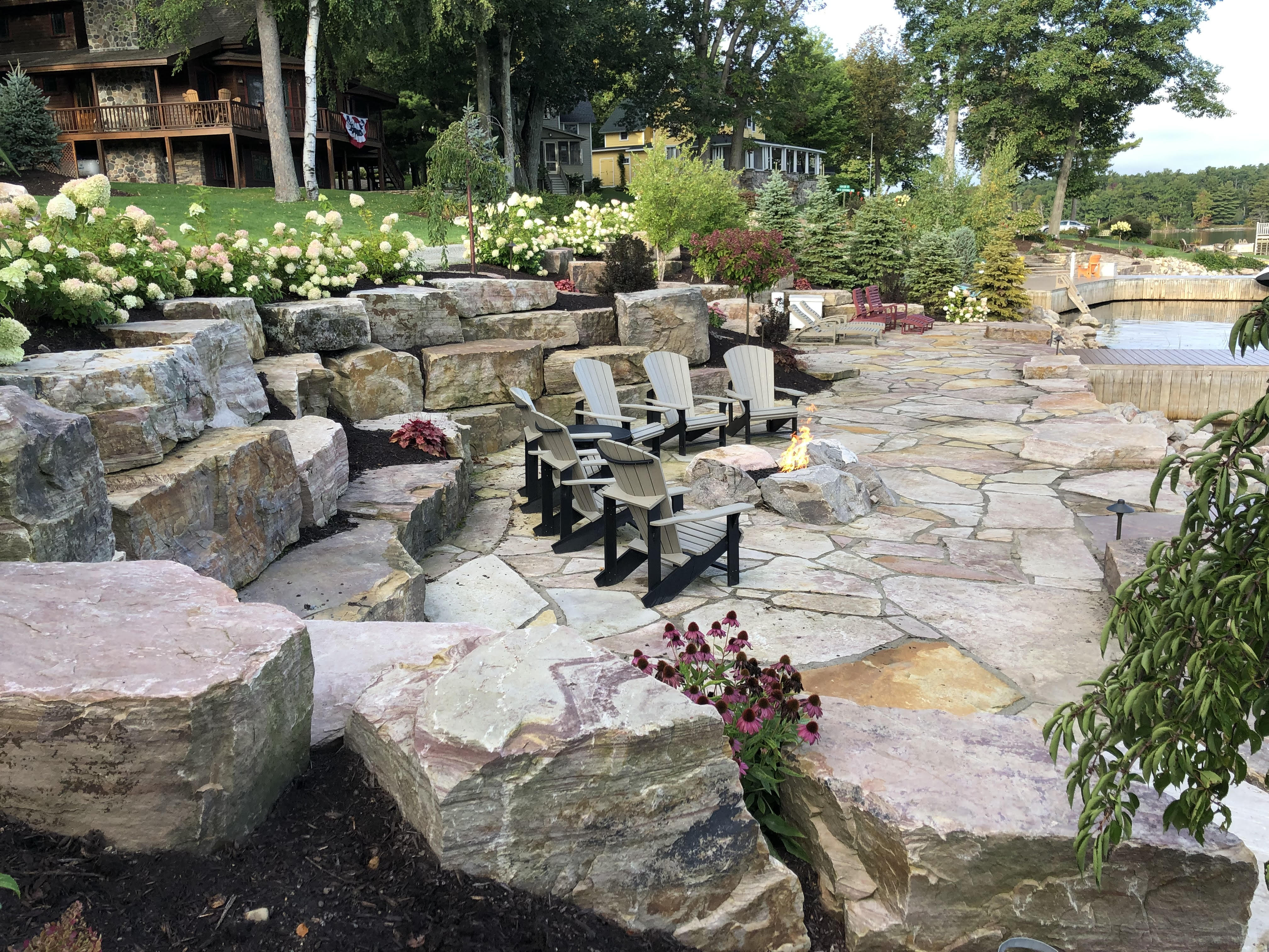 Flagstone Patio - Boulder Walls - Gas Fire Pit