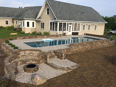 Paver Pool Deck with Firepit and Sitting Wall