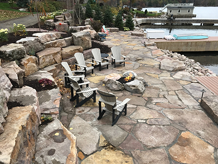 Flagstone Patio with Boulder Firepit & Terraces